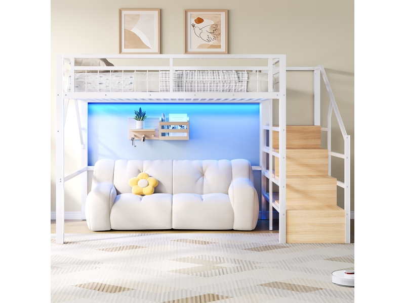  Lit mezzanine 140x200 cm avec led, escalier de rangement, espace libre sous le lit, métal et mdf, blanc Sol Morn - Conforama D