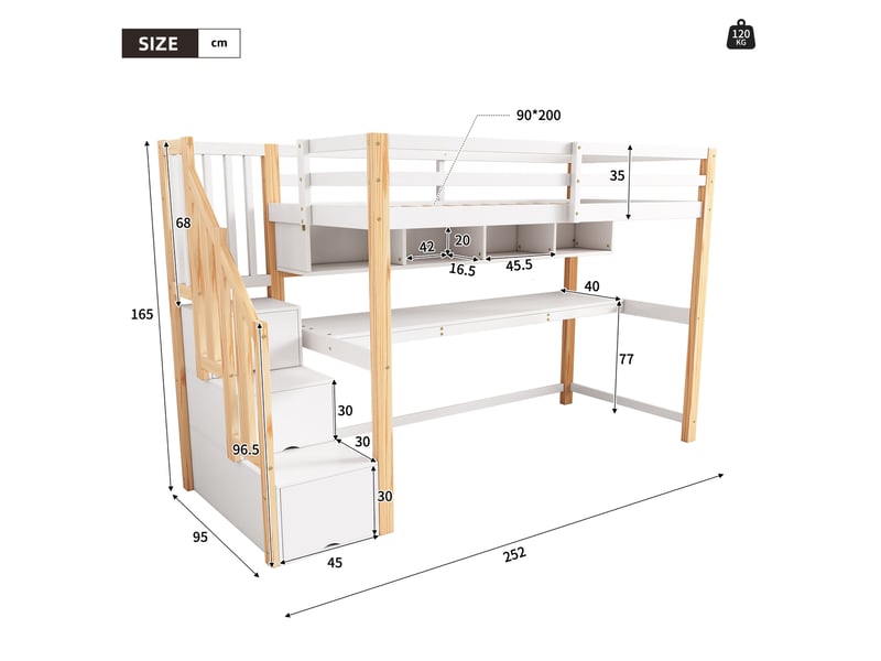  Modenvie lit mezzanine enfant 90x200 cm - avec bureau et rangement intégré - pour chambre d'enfant - blanc  - Conforama C