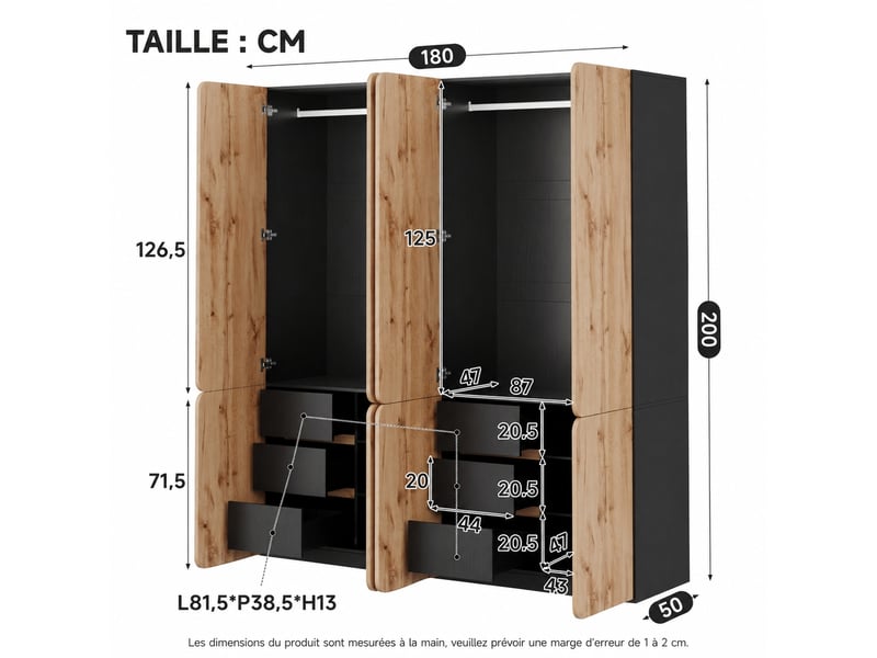Armoire penderie 8 portes et 6 tiroirs, aspect chêne, 180 x 50 x 200 cm - Conforama C