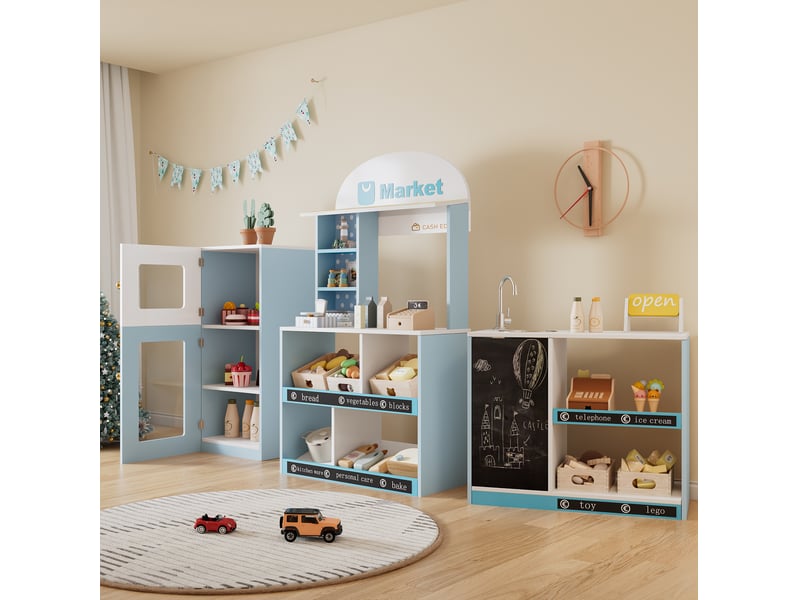  Jeu de marchande enfant 155x30x107,5 cm avec tableau noir mdf bleu  - Conforama C