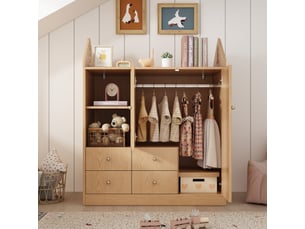 Armoire enfant 100x48x131 cm design maison avec 2 portes et 4 tiroirs, garde-robe avec niche ouverte, tablette supérieure et tringle, effet chêne