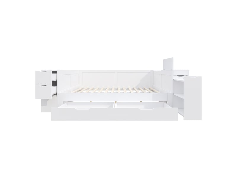  Lit enfant 140x200 cm avec tiroirs, étagères et placards de rangement, tables de chevet, sommier à lattes, structure en mdf, blanc  - Conforama E