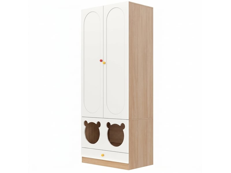  Armoire enfant deux portes 80x50x200 cm - blanc-bois-contraste de couleurs avec design ours  - Conforama A