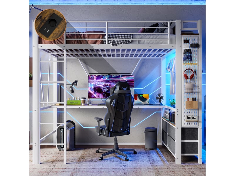 Lit mezzanine 90x200 cm - lit simple avec bureau intégré et led rgb - métal et mdf - sans matelas - blanc  - Conforama D