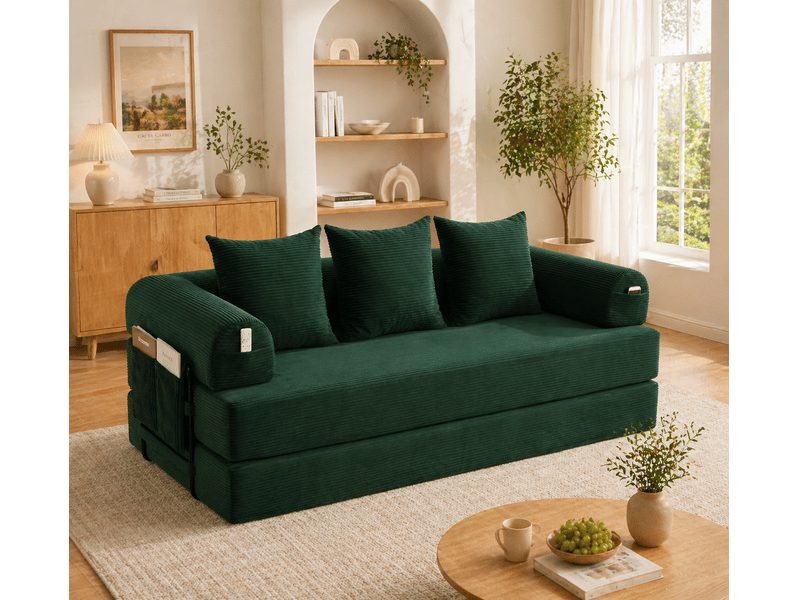  Canapé modulable 200x94x67 cm pliable en corduroy métal vert émeraude  - Conforama E