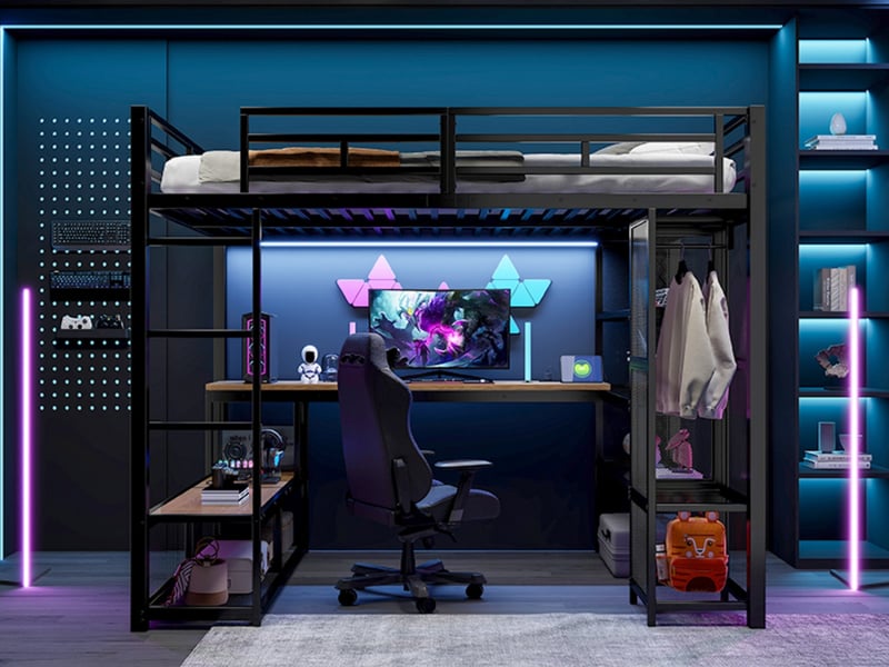 Lit mezzanine en métal 140 x 200 cm avec rangements, penderie ouverte, port usb et éclairage led, noir - Conforama B