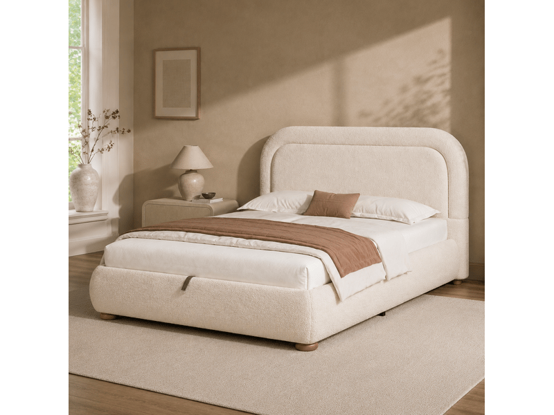  Lit coffre 2 places 140x200 cm avec sommier à lattes bouclé beige  - Conforama B
