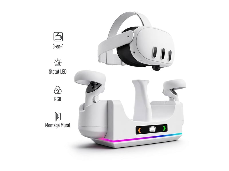 Station de charge 3 en 1 pour meta quest 3 3s avec support mural – socle de chargement rapide casque vr et manettes avec éclairage rgb et indicateurs led – blanc - Conforama A