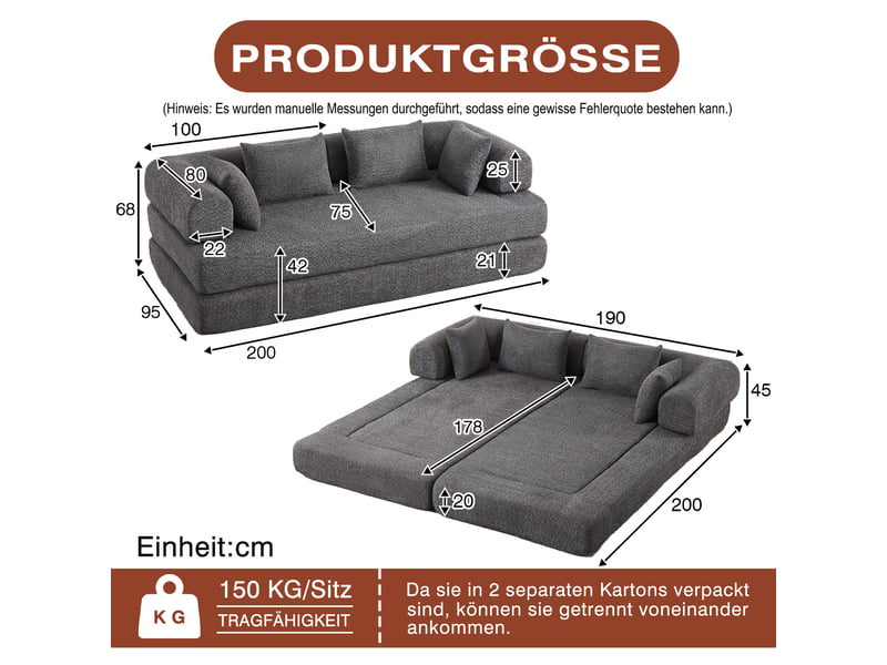 Canapé-lit convertible 2 places,200x95x68cm,canapé modulable 4 en 1 en tissu chenille,dossier réglable,4 coussins inclus,aucun montage requis,gris - Conforama C