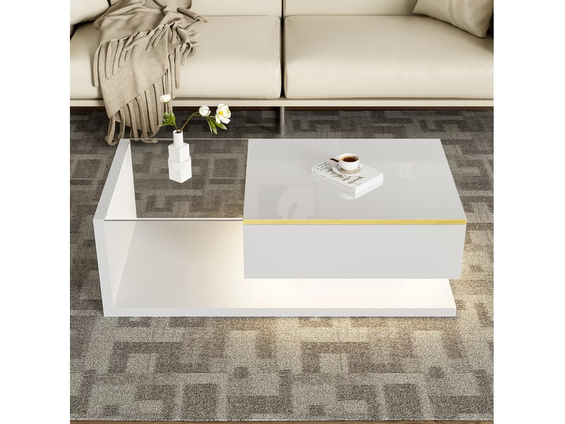  Table basse design 100x50x32,5 cm led 16 couleurs contrôlable rangement verre trempé laqué panneau de particules blanc  - Conforama D