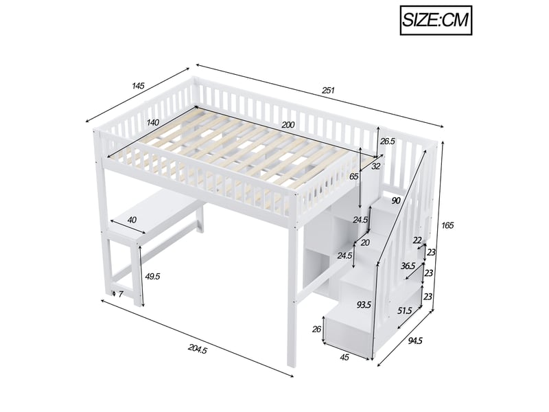  Lit mezzanine blanc 140x200 cm, led, bureau, escalier-rangement et étagères  - Conforama C