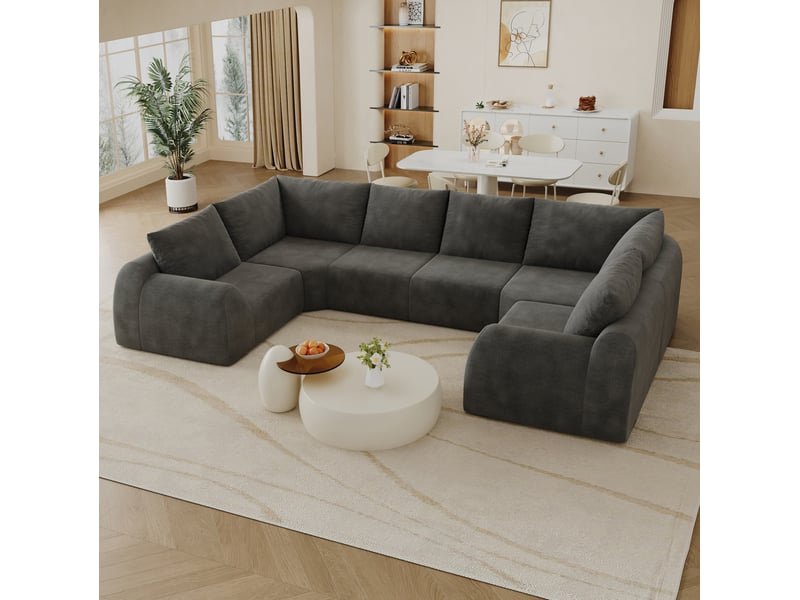  Canapé modulable modenvie 6 places en u 344 x 200 x 85 cm en mousse haute élasticité tissu chenille gris foncé  - Conforama B