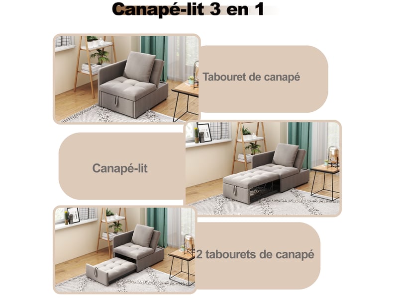 Canapé convertible 3 en 1 en lin gris, dossier réglable sur 5 positions, coussin inclus, couchage individuel, 177 x 68 x 65 cm - Conforama W