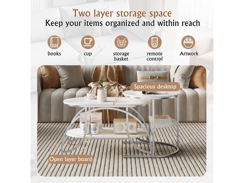 Lot de 2 tables basses - 80x46x45cm - table de salon gigognes rondes plateau effet marbre blanc et métal - argenté - Conforama D