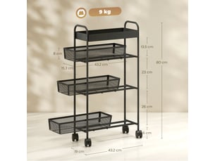 Chariot de rangement à roulettes cuisine 19 x 43.2 x 80 cm gain de place paniers coulissants contemporain en métal noir 21_0001063