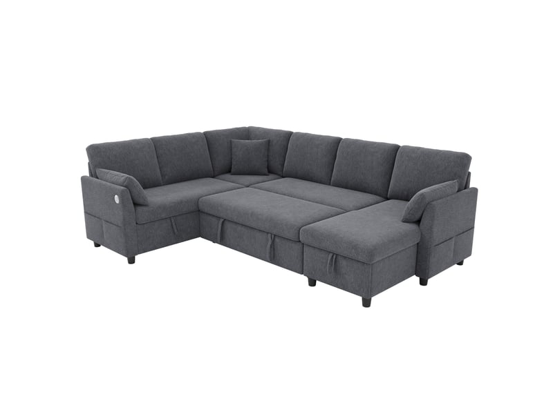 Canapé d’angle convertible 6 places 255x196x85 cm gris avec rangement  - Conforama R