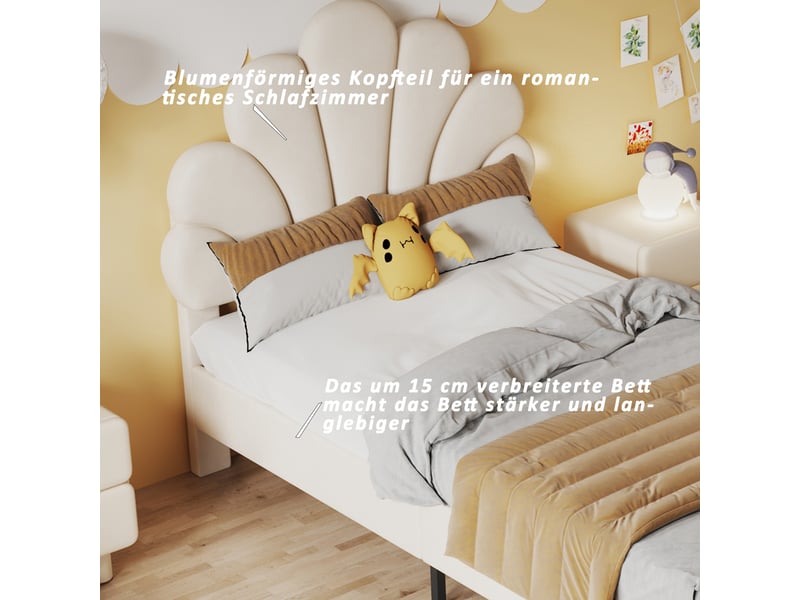  Lit enfant 90 × 200 cm 1 place avec tête de lit fleur rembourrée, sans matelas, en velours beige  - Conforama E