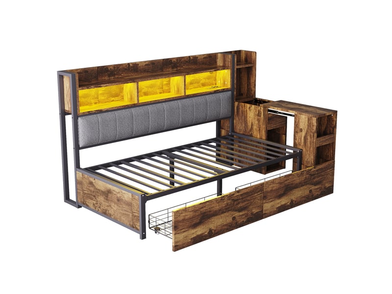  Lit banquette avec bureau extensible et rangements, métal et bois naturel, 90x200 cm, led, tiroirs et prises intégrées  - Conforama E