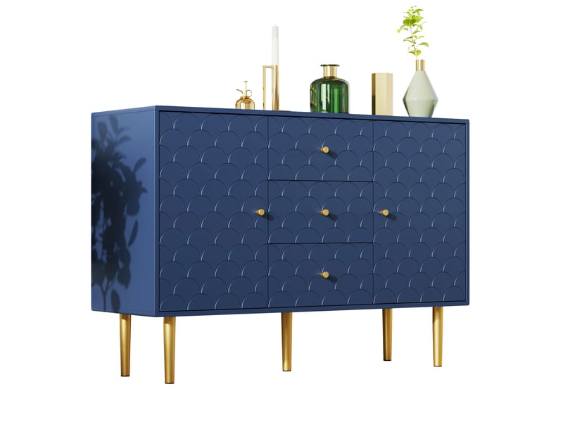  Buffet bas 2 portes et 3 tiroirs bleu marine, avec étagère réglable, 120 x 40 x 83 cm  - Conforama A