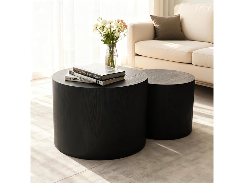  Lot de 2 tables d’appoint rondes modernes, bois noir, pieds antidérapants, sans montage  - Conforama D
