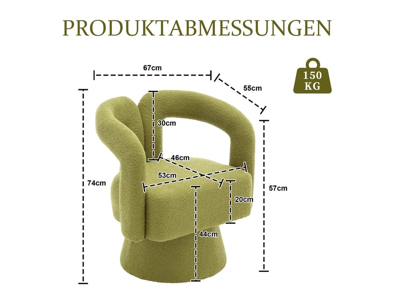  Fauteuil tournant 360° 67x55x74 cm, coussin confortable, vert, accoudoirs arrondis épais, boucle  - Conforama C