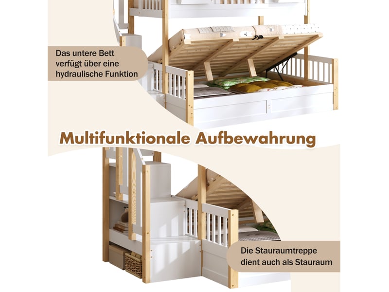  Lit superposé 90x200+140x200 cm, inférieur hydraulique, led, forme fenêtre, escalier rangement, mdf, blanc, sans matelas  - Conforama E
