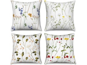 Housse de coussin fleurs 45 x 45 cm set de 4, fleur sauvage colorée feuille verte plante botanique décorative housses de coussin en lin carré housse