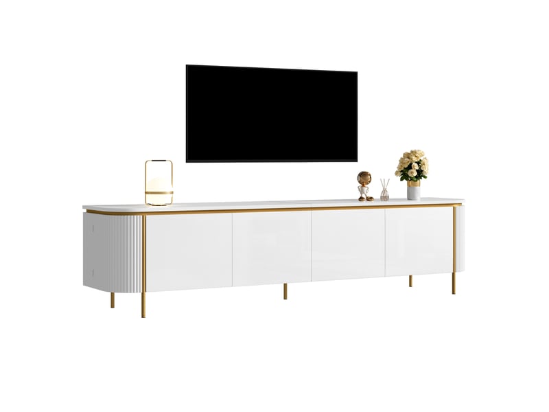  Meuble tv bas 180 x 38 x 46 cm, 6 portes, façades rainurées, extrémités arrondies, passe-câbles, pieds en métal, mdf, blanc  - Conforama A