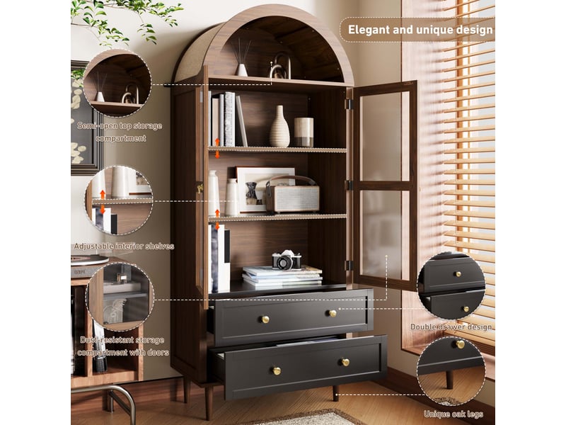 Buffet rétro avec portes en verre bombé, meuble de rangement design avec étagères réglables, couleur noyer, 70x38x165 cm - Conforama E