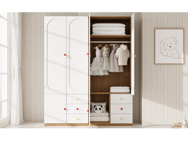 Armoire 2 portes avec 3 tiroirs, tringle et rangement enfant - lpospi - poignées en céramique, mdf laqué blanc - Conforama E