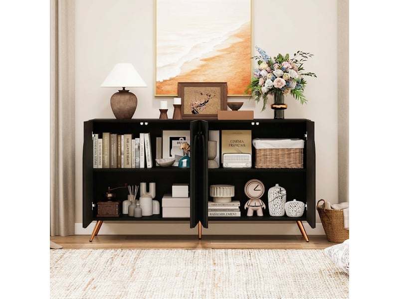  Buffet noir style mid-century avec portes arquées, 150 cm, pieds en métal doré  - Conforama C