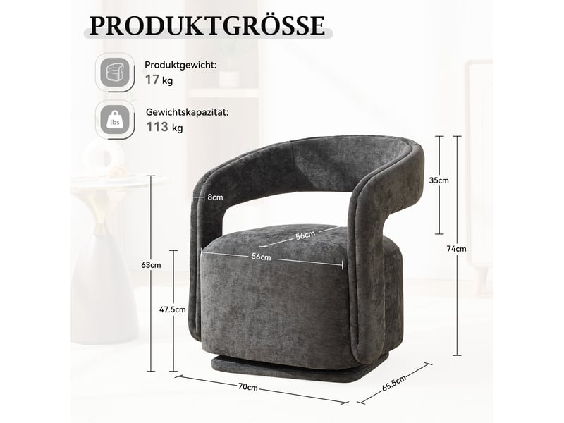  Fauteuil pivotant 360° barrel chair avec dossier ergonomique - lpospi - chenille, bois gris foncé  - Conforama D