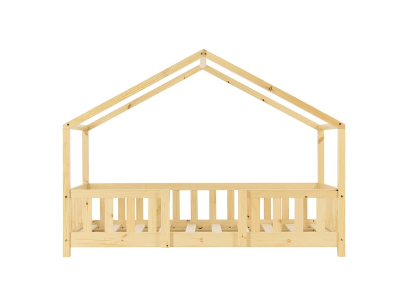  Lit cabane pour enfant forme de maison avec barrière de sécurité en bois de pin couleur naturel 70 x 140 cm 03_0005462  - Conforama D