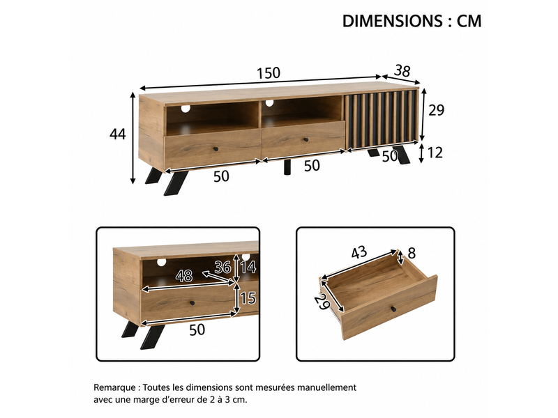  Meuble tv bas 150 cm effet bois naturel et noir – 2 tiroirs, 1 placard  - Conforama D