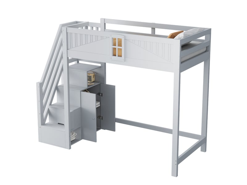  Lit mezzanine 90x200 cm avec rangement, échelle réversible en bois gris  - Conforama A