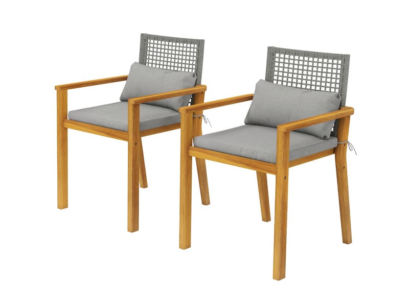  Ensemble de 2 chaises de jardin empilables en bois d'acacia avec coussins, 59 x 55 x 86 cm, coloris gris et bois  - Conforama B