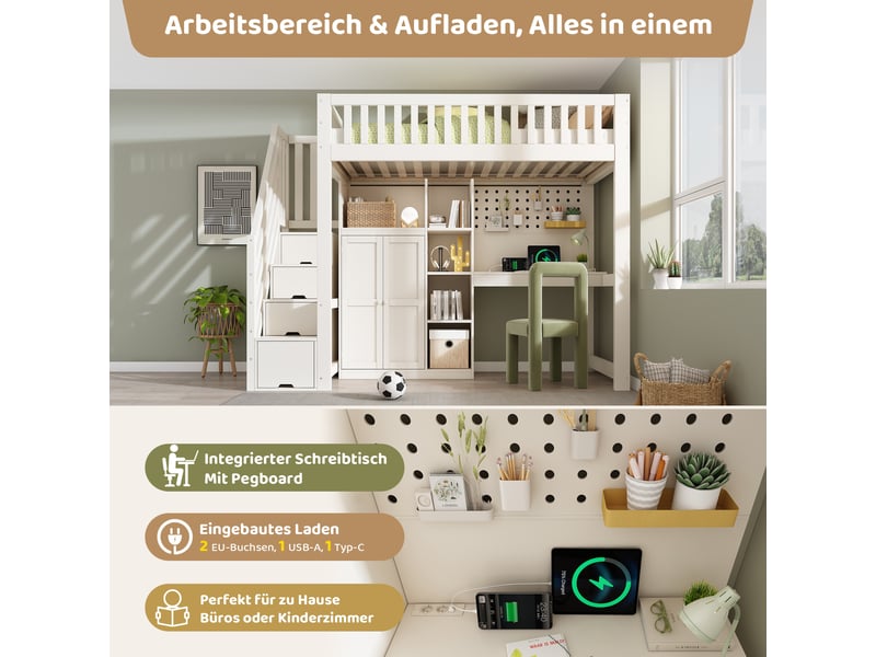 Lit mezzanine enfant rayofi blanc 90 x 200 cm avec bureau, armoire échelle, étagères ouvertes et ports usbusb-c - Conforama R