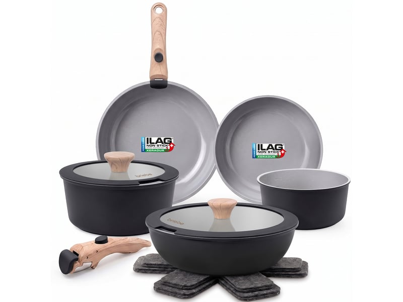  Batterie de cuisine induction céramique poignée amovible set 13 pièces  , briebe, kb1220blk, , noir  - Conforama A