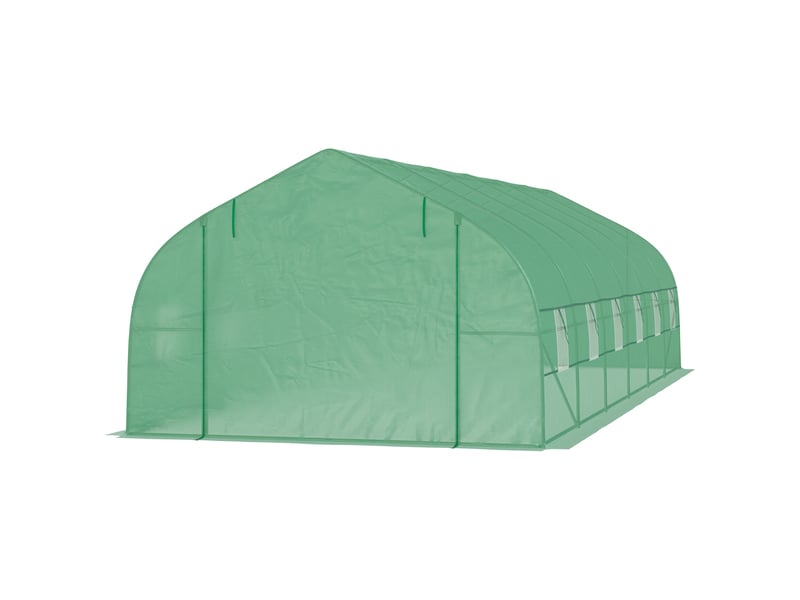 Serre tunnel extérieur 8x3x2 m, 12 fenêtres, porte enroulable, plantestomateslégumes, acierpe 140 gm², vert. - Conforama B