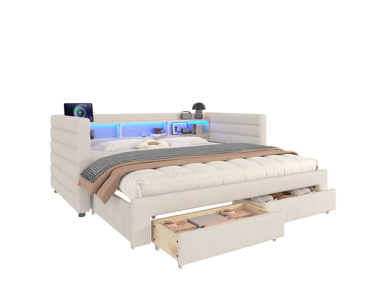  Lit enfant gigogne 90x190 cm avec led, 2 tiroirs, style minimaliste moderne, usb‑c velours beige sans matelas  - Conforama A