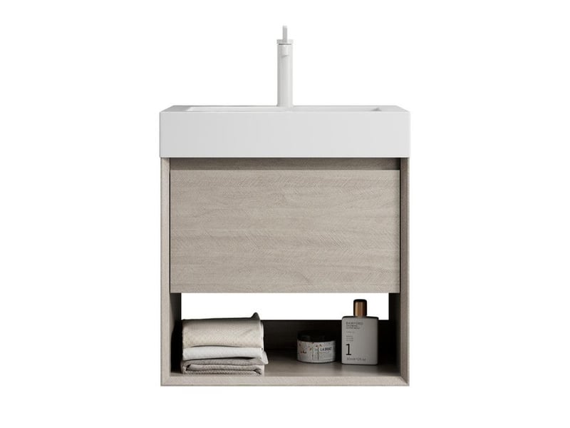  Meuble sous vasque - luz - 55cm - résine blanche - chêne clair - 1 tiroir - 1 étagère 55x46x60cm - Conforama C