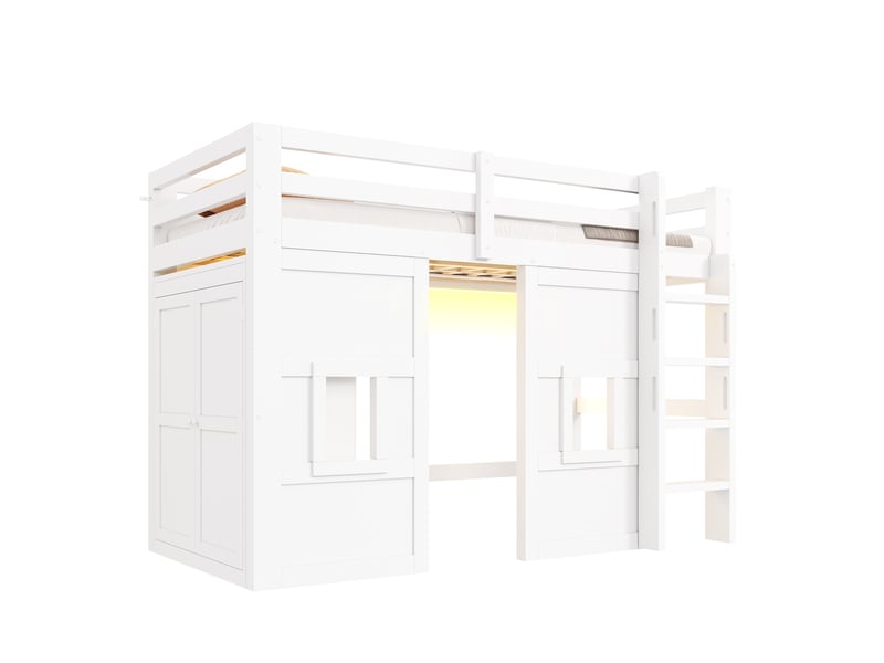 Lit mezzanine 90x200 cm avec armoire intégrée réversible, 2 fenêtres et led multicolore, lit enfant gain de place avec garde-corps, pin et mdf blanc - Conforama A