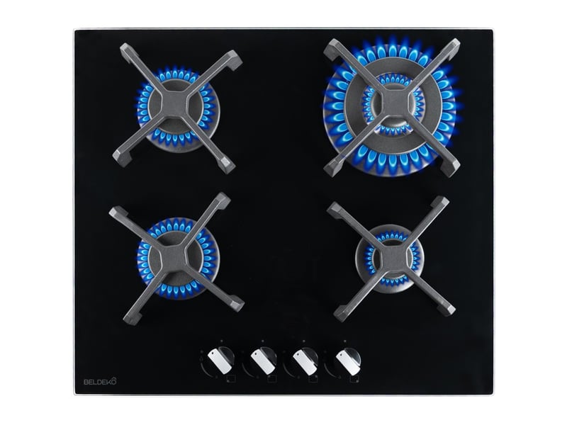Beldeko - plaque de cuisson gaz verre noir 4 feux - gaz ville et bouteille - grilles en fonte - 8000 watts - Conforama A
