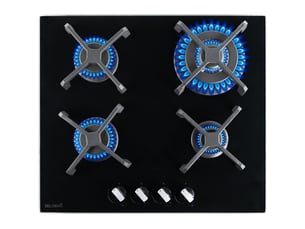 Beldeko - plaque de cuisson gaz verre noir 4 feux - gaz ville et bouteille - grilles en fonte - 8000 watts