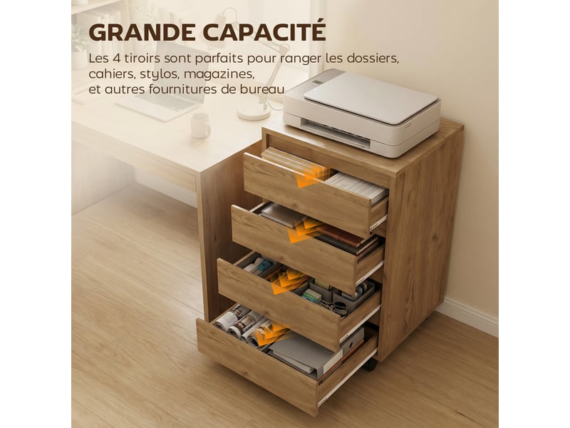 Caisson de bureau sur roulettes 4 tiroirs mdf aspect bois marron 46 x 40 x 65 cm  - Conforama E