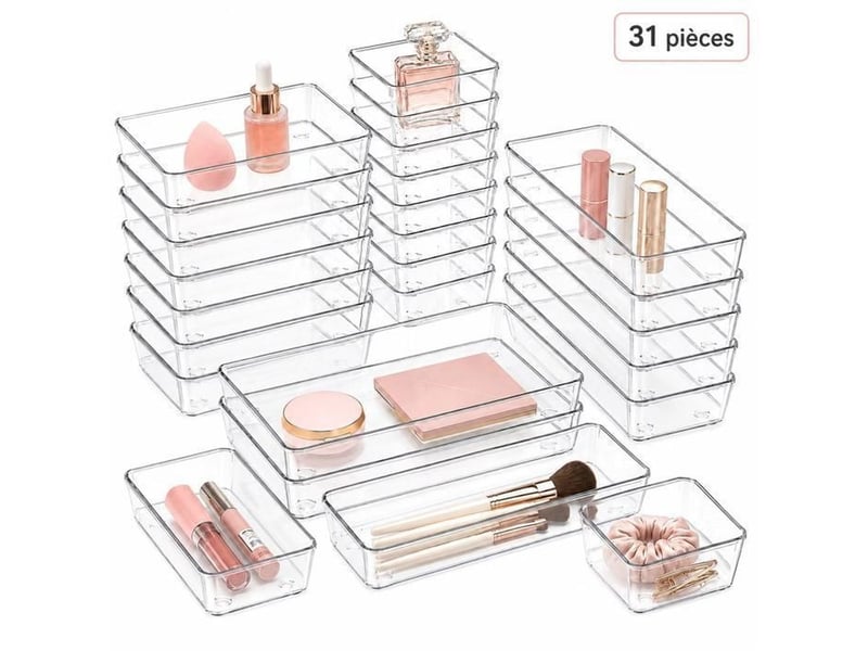  Organisateur de tiroirs lot 31 bacs modulaires empilables en plastique transparent 4 tailles  - Conforama A