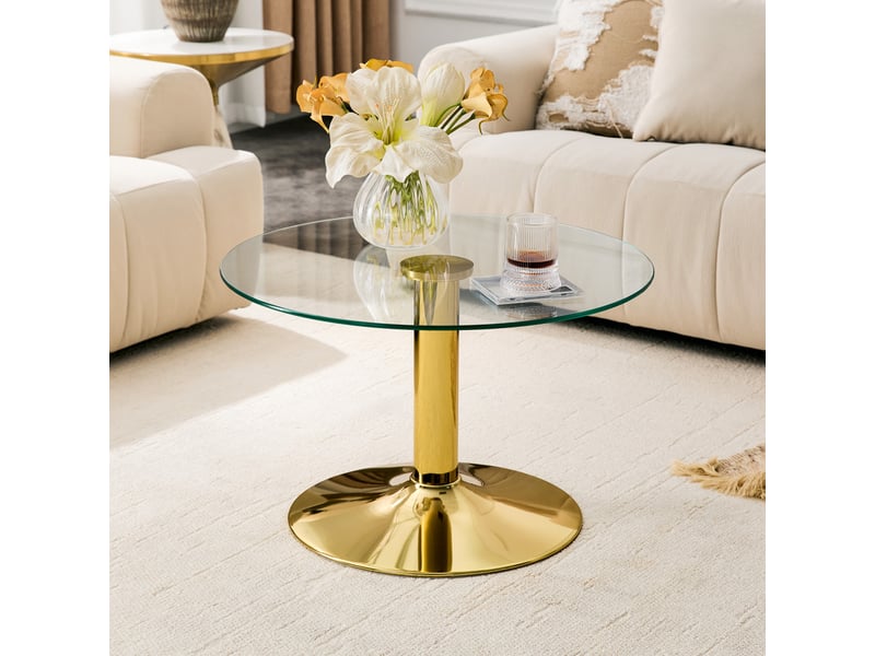  Table basse ronde avec plateau en verre trempé et piètement métallique stable, style moderne, doré, diamètre 70 cm  - Conforama C