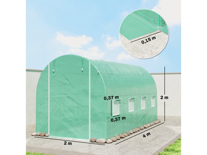  Film de serre 4 x 2 m, film de jardin imperméable avec porte, 8 fenêtres, protection uv, polyéthylène indéchirable, film vert uniquement  - Conforama E