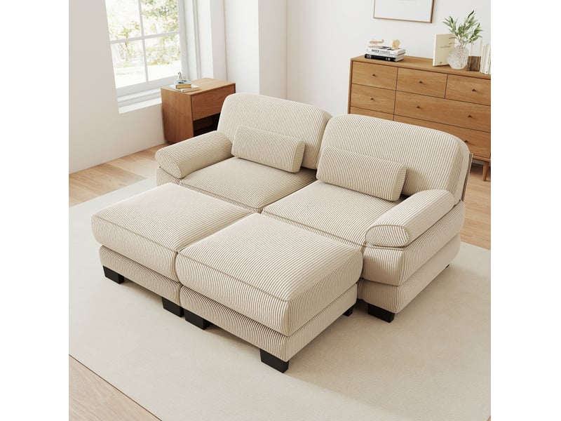  Canapé modulable 2 places 194x161x94 cm avec 2 poufs en velours côtelé beige  - Conforama B