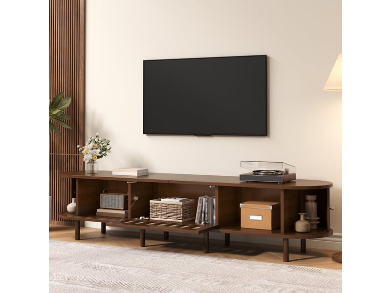 Meuble tv bas 180x40x40 cm pour écran jusqu’à 80 pouces, meuble télévision ovale avec 2 portes tambour et porte abattante en rotin, mdf, noyer foncé Seren Glow - Conforama E